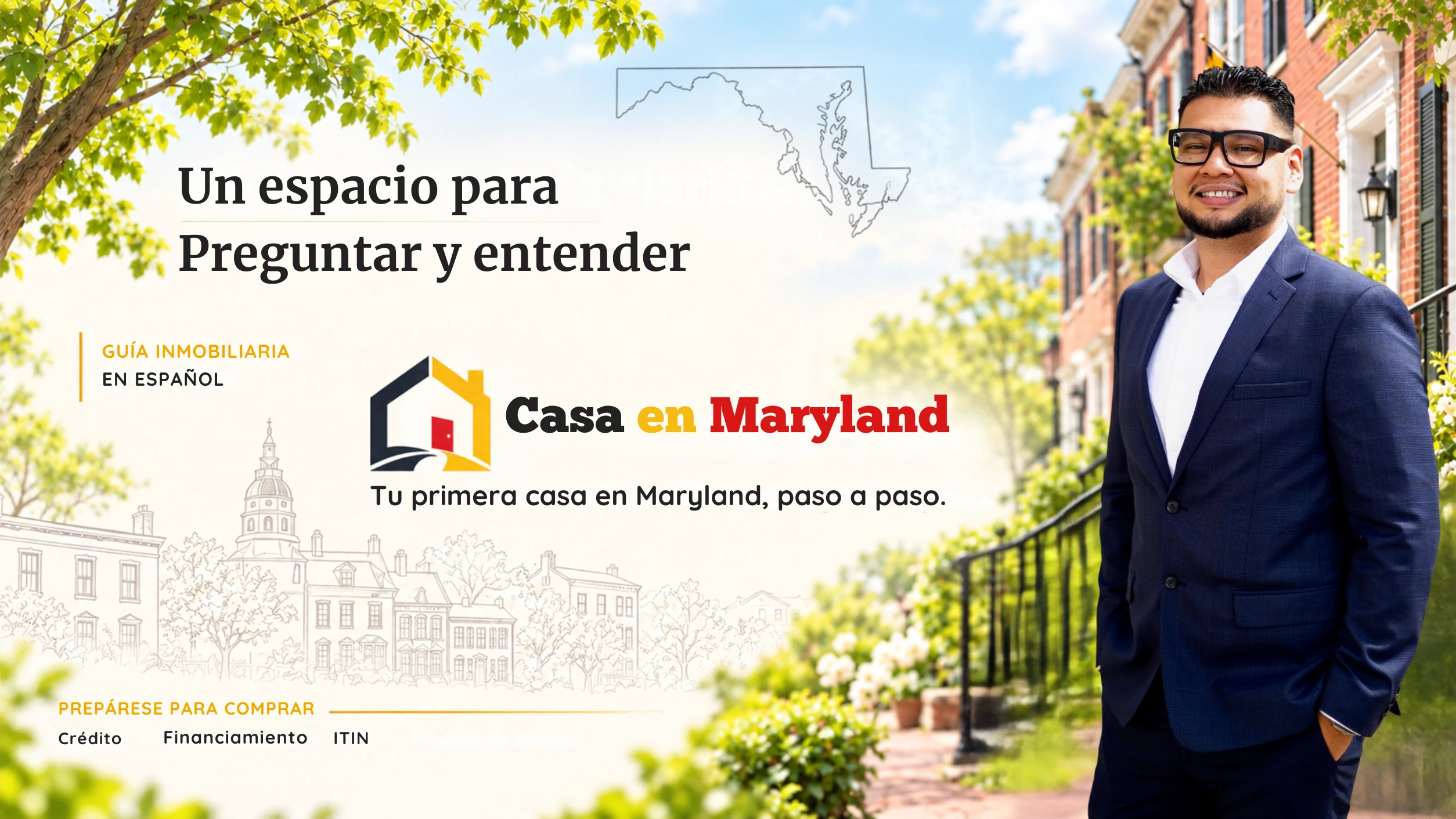 Israel de pie, con traje azul y camisa blanca, en una escena de Maryland.